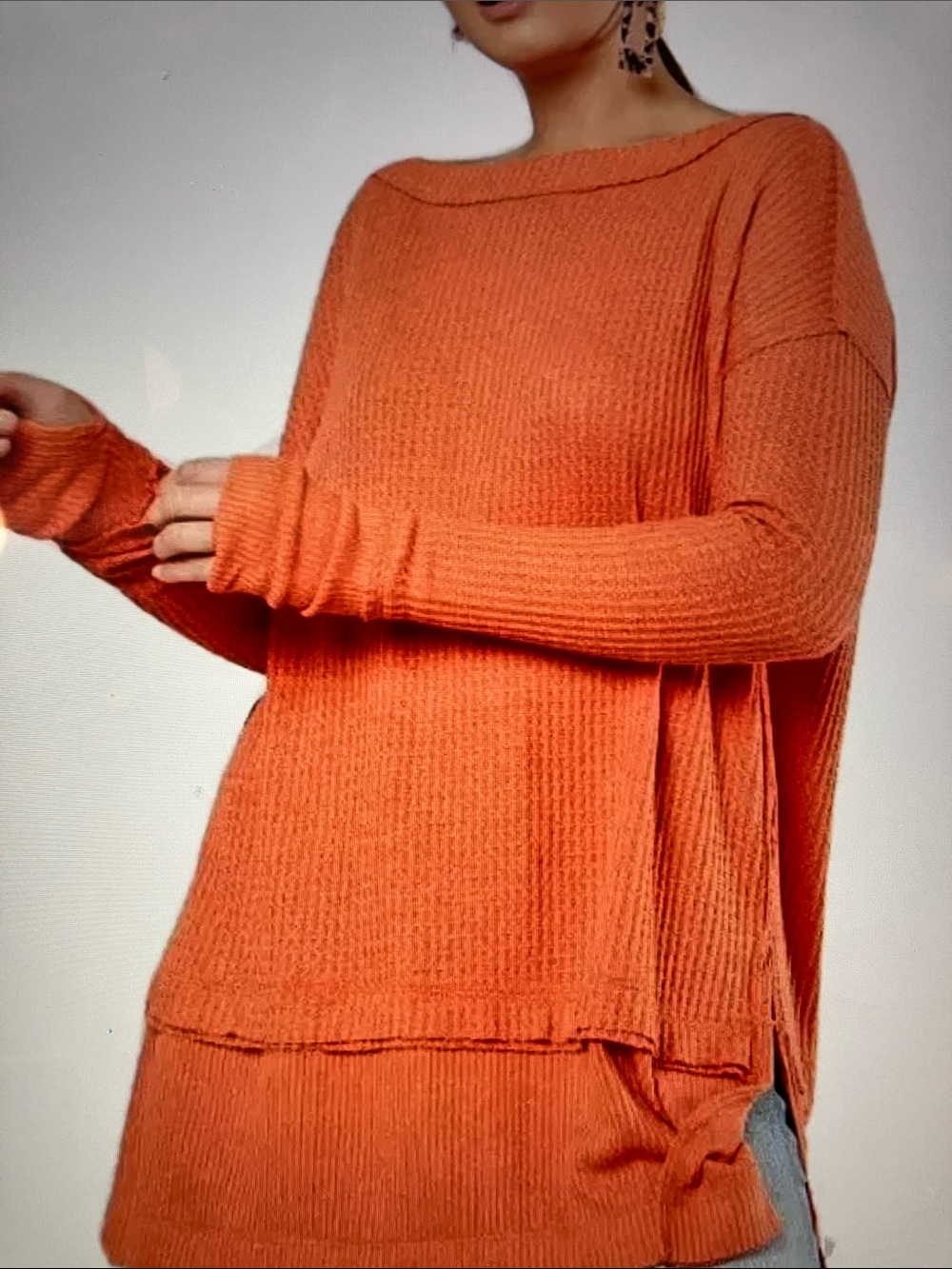 We The Free Off-the-Shoulder Oversized coral waffle knit Sweater